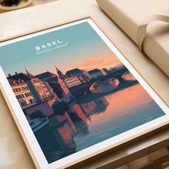 Basel Switzerland Rhine River Sunset Print - European Cityscape Wall Art