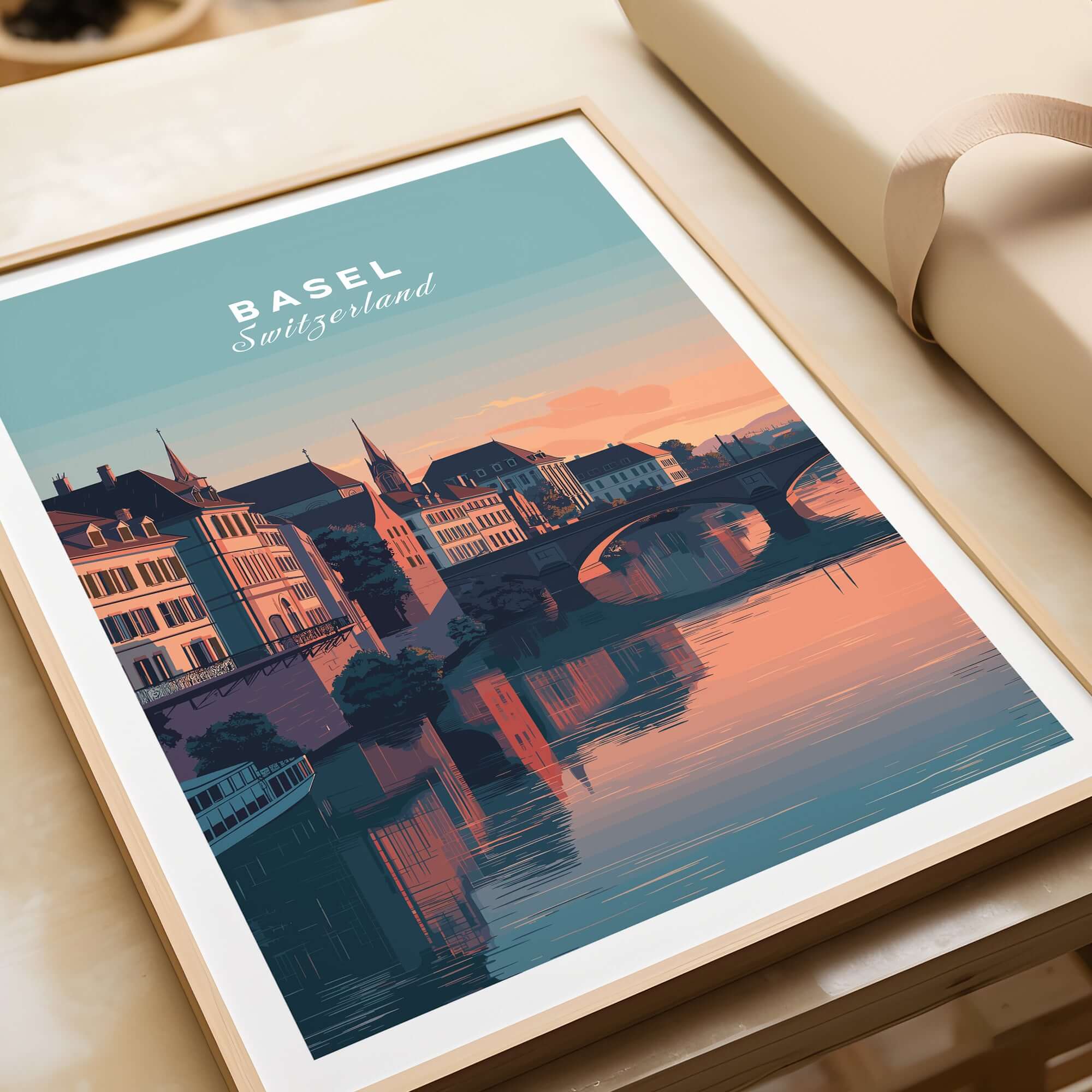 Basel Switzerland Rhine River Sunset Print - European Cityscape Wall Art