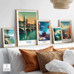 Basel Switzerland Rhine Riverbank Wall Art - Vibrant European City Scene displayed with other travel-themed art.