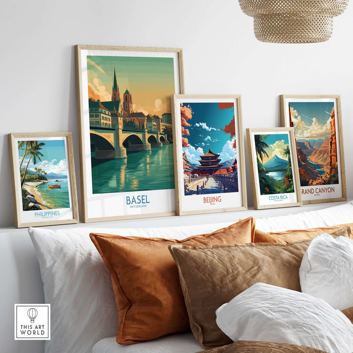 Basel Switzerland wall art featuring the Rhine Riverbank in a stylish living room display.