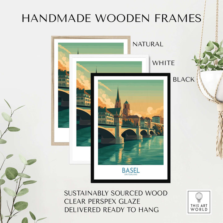 Handmade wooden frames in natural, white, and black, showcasing Basel Rhine river art, sustainably sourced wood, ready to hang.