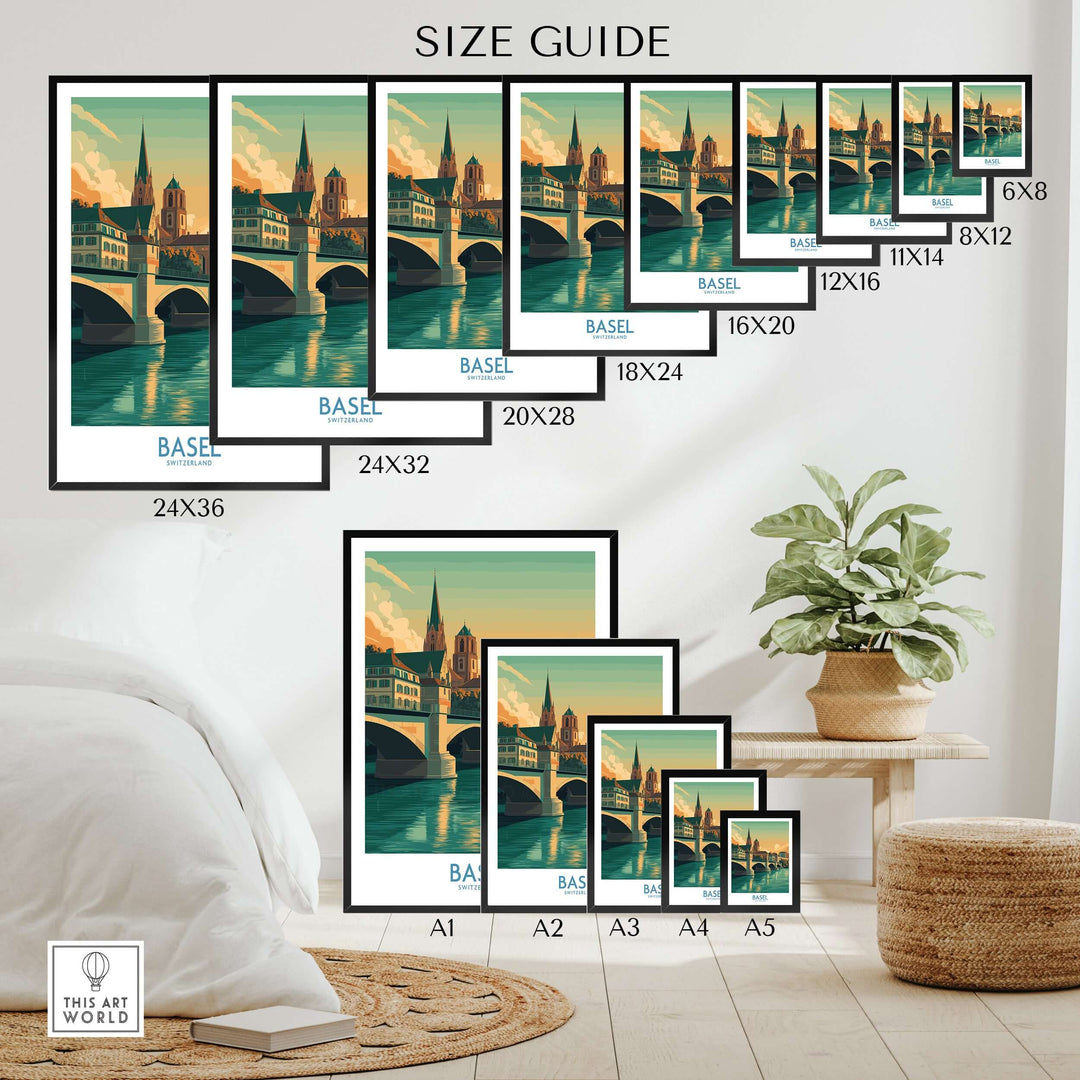 Size guide for Basel Switzerland Rhine Riverbank wall art in various dimensions, displayed in a stylish home setting.