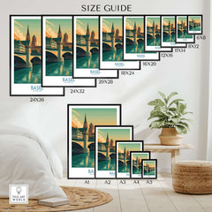 Basel Switzerland Rhine Riverbank Wall Art - Vibrant European City Scene size guide showcasing various frame sizes.