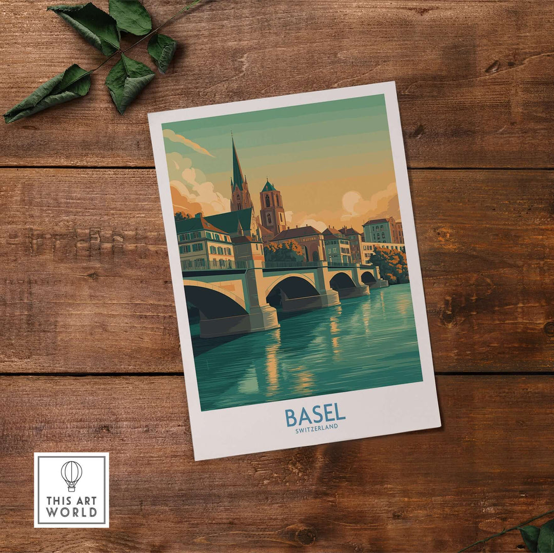 Vibrant wall art of Basel, Switzerland, showcasing the Rhine riverbank and city skyline with colorful buildings.