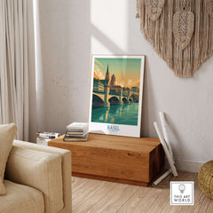 Basel Switzerland Rhine Riverbank Wall Art - Vibrant European City Scene displayed in a stylish living room setting.
