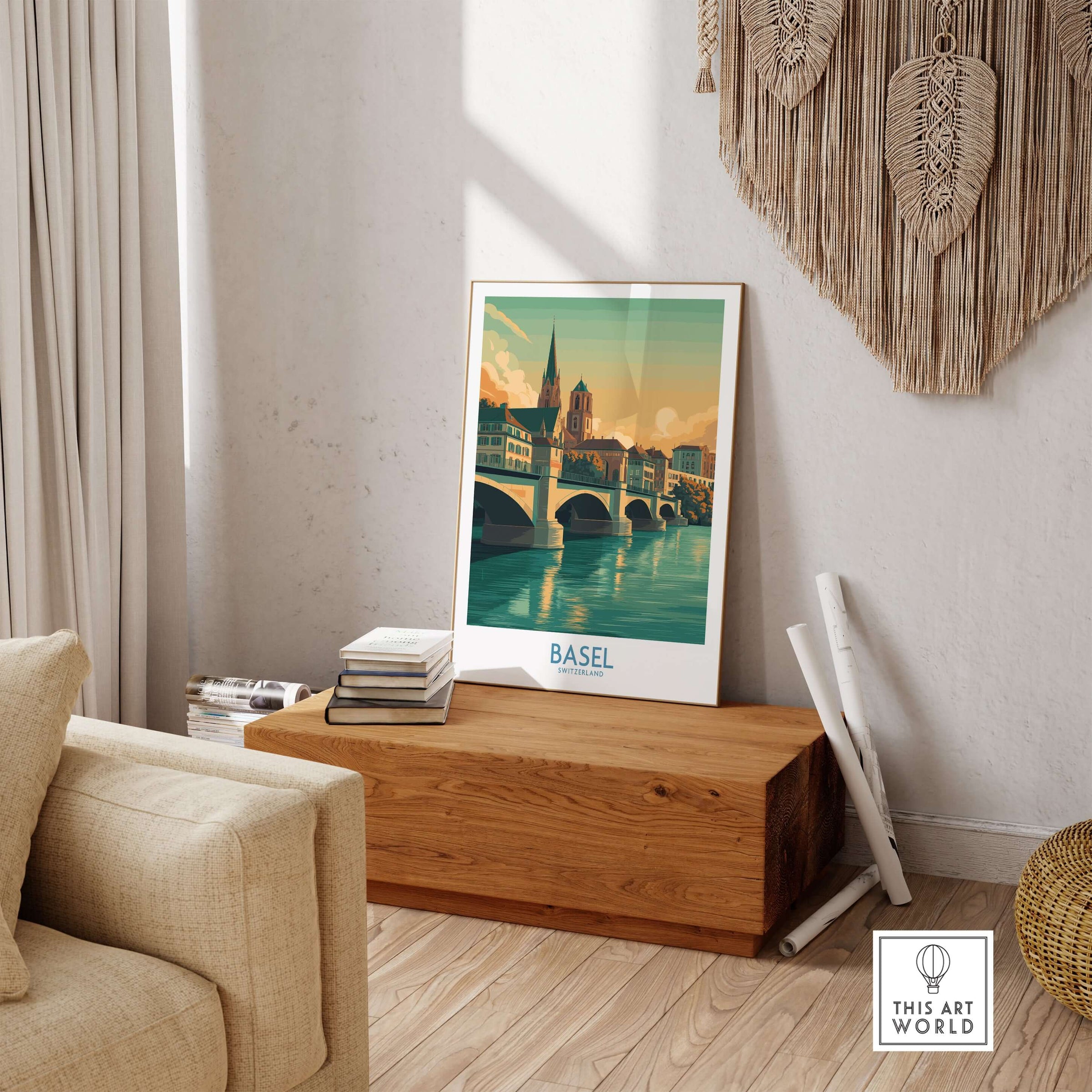 Basel Switzerland Rhine Riverbank Wall Art - Vibrant European City Scene displayed in a stylish living room setting.