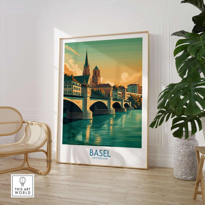 Basel Switzerland Rhine Riverbank wall art featuring vibrant cityscape with waterfront, perfect for home decor.