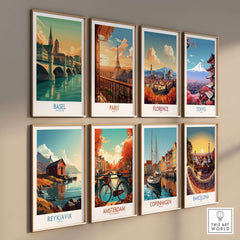 Basel Switzerland Rhine Riverbank Wall Art - Vibrant European City Scene in a gallery of city-themed artwork.