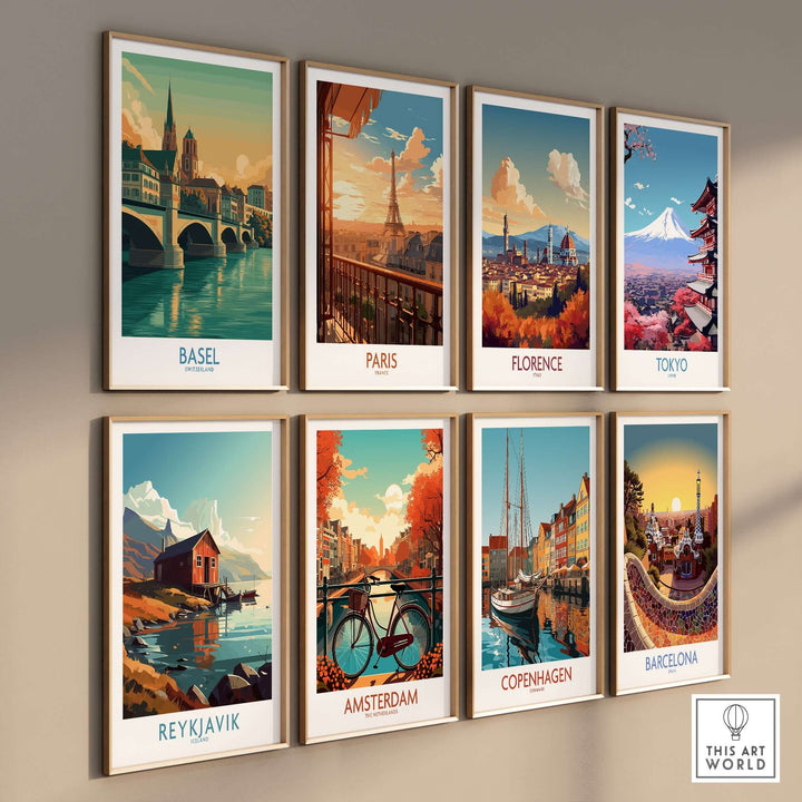 Gallery wall art showcasing vibrant European cityscapes: Basel, Paris, Florence, Tokyo, Reykjavik, Amsterdam, Copenhagen, Barcelona.
