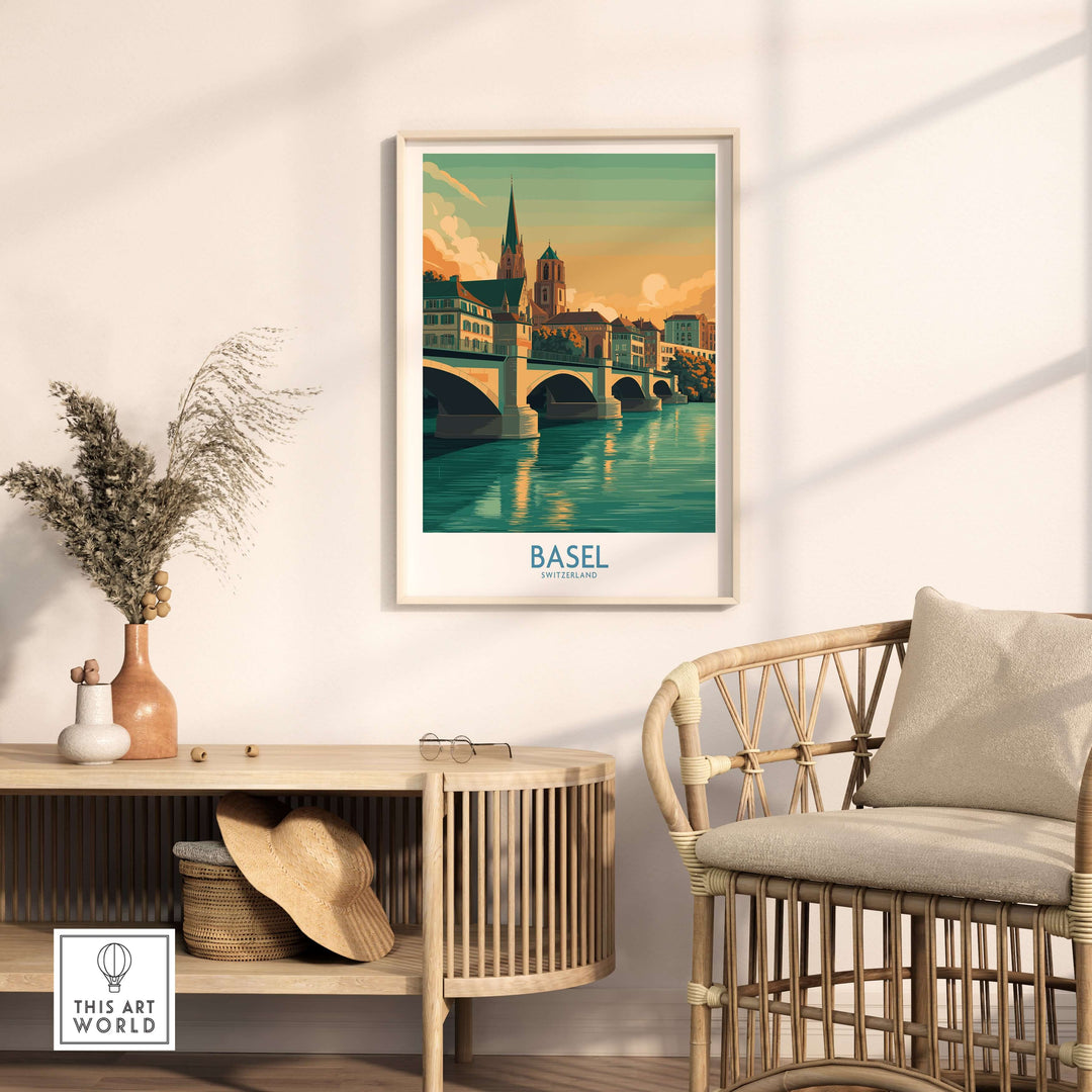 Basel Switzerland Rhine riverbank wall art showcasing a vibrant city scene with colorful buildings.