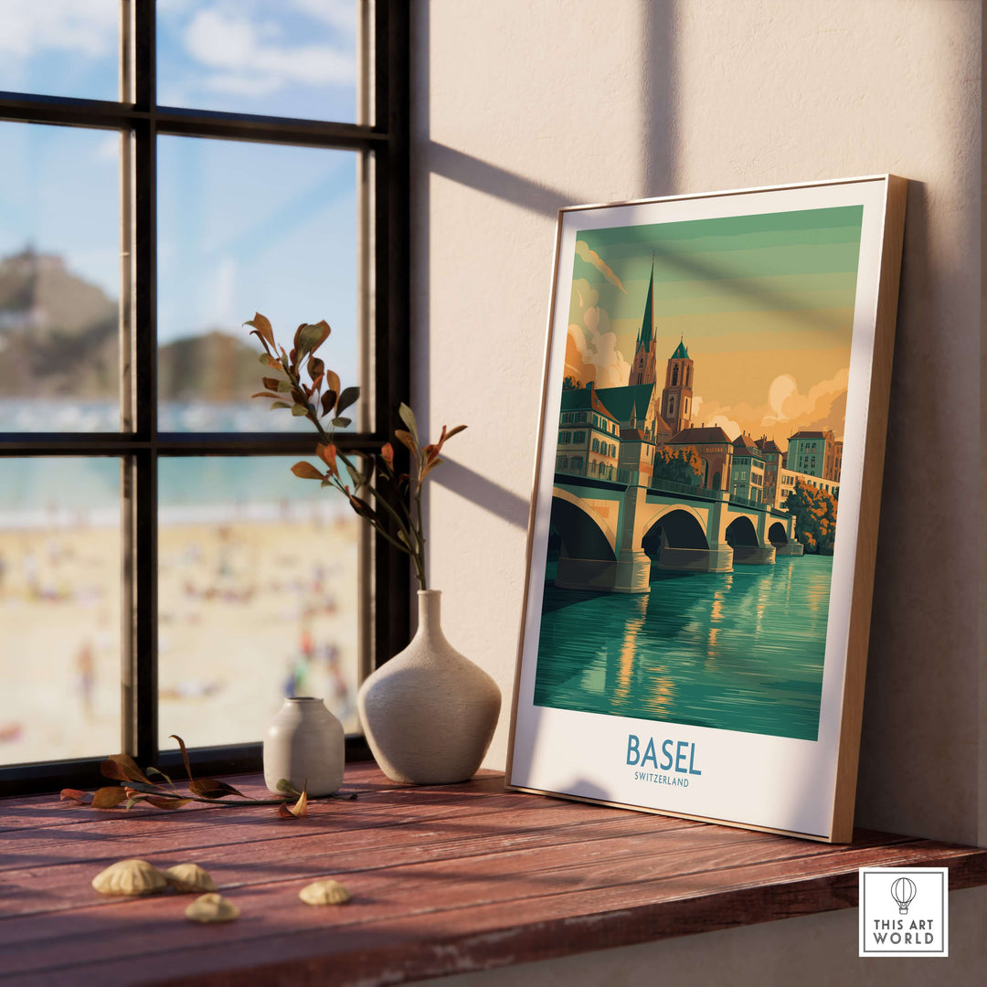 Basel Switzerland wall art featuring Rhine riverbank scene, showcasing colorful buildings and a bridge.