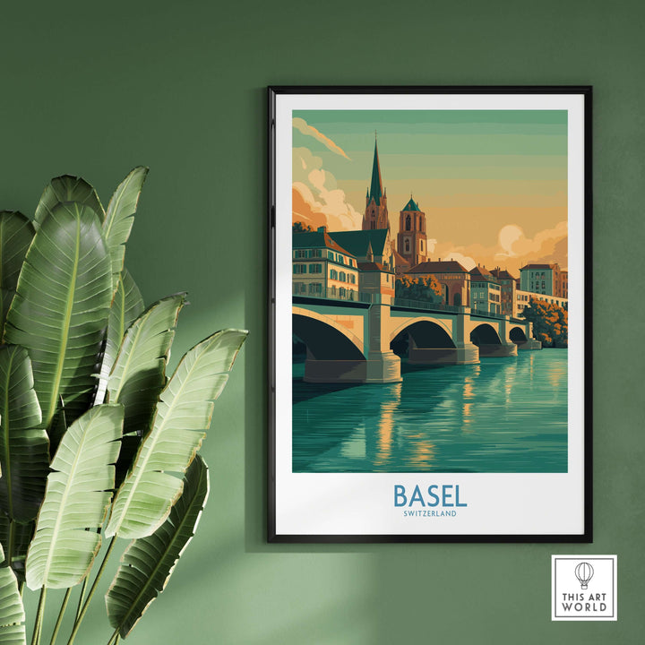 Basel Switzerland Rhine Riverbank wall art showcasing colorful buildings and scenic waterfront.