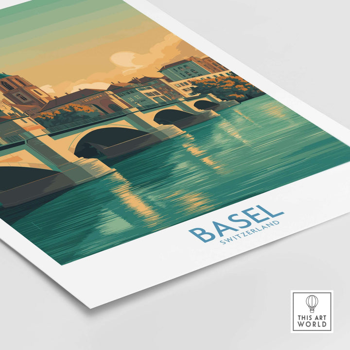 Basel Switzerland wall art featuring a colorful cityscape and serene Rhine Riverbank view.