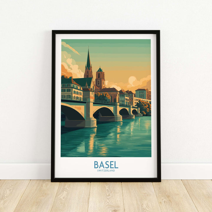 Colorful wall art of Basel, Switzerland, featuring the Rhine River and historic buildings in a vibrant city scene.