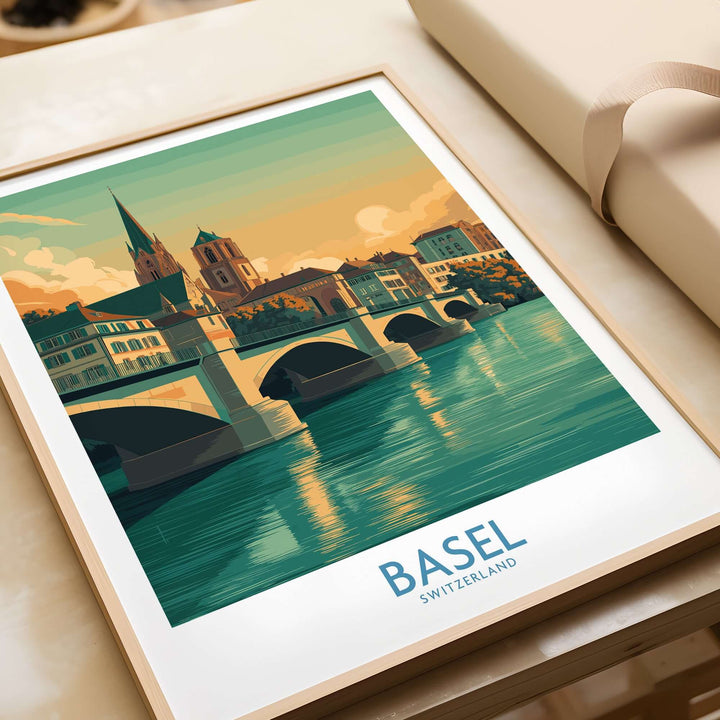 Basel Switzerland Rhine riverbank wall art print showcasing colorful buildings and iconic bridge.