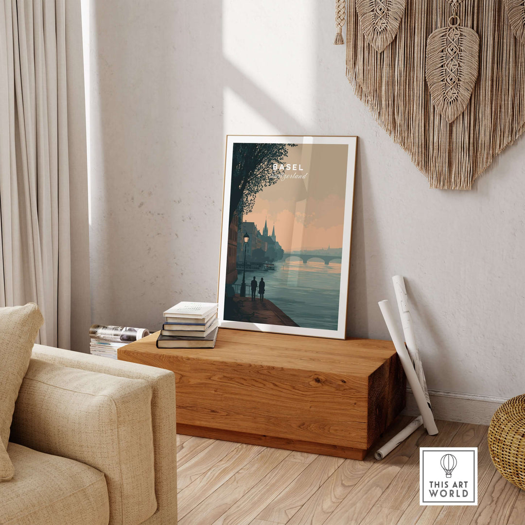 Basel Switzerland riverside stroll poster in a cozy living room, highlighting romantic cityscape wall art.