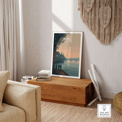 Basel Switzerland Riverside Stroll Poster - Romantic Cityscape Wall Art displayed in a cozy living room setting.