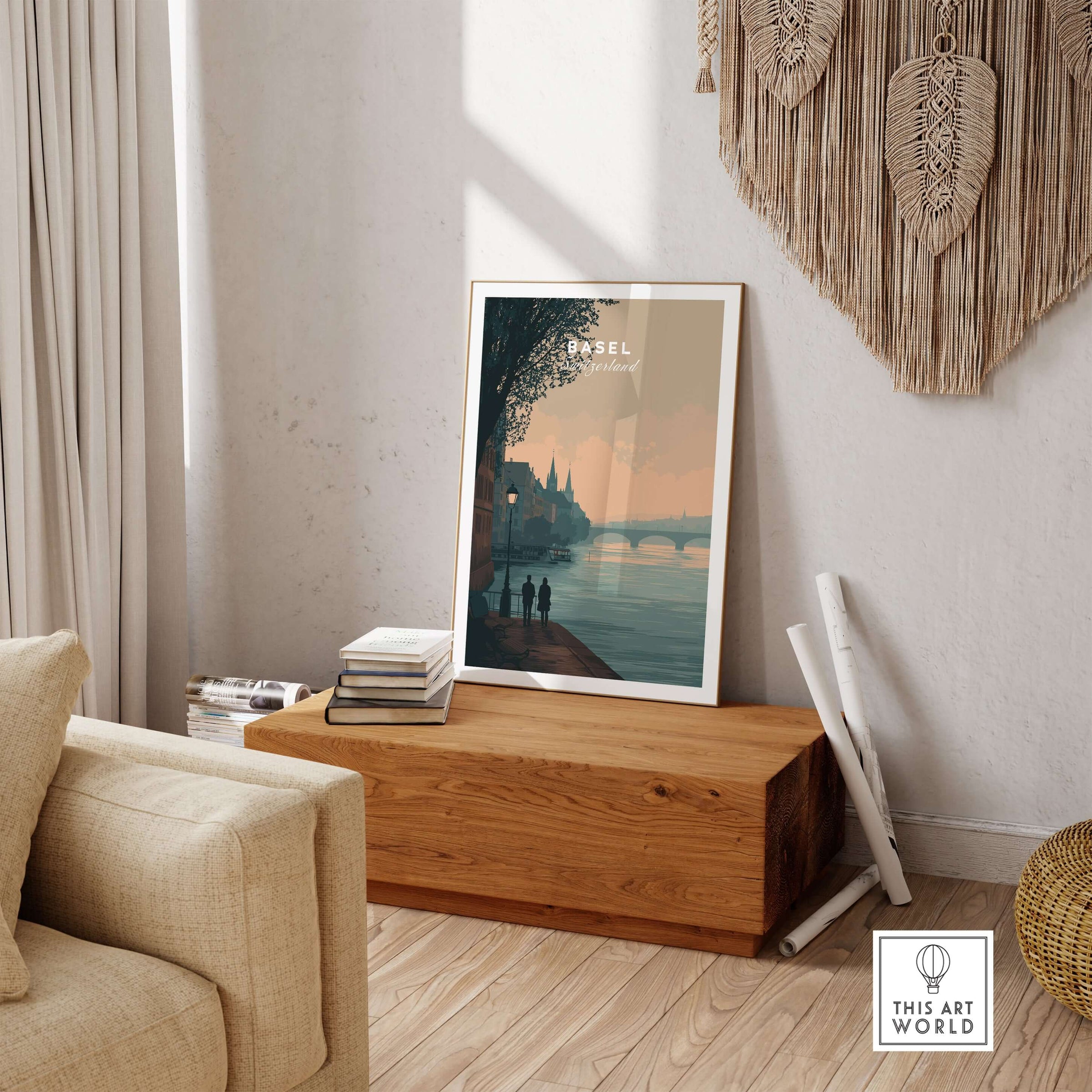 Basel Switzerland Riverside Stroll Poster - Romantic Cityscape Wall Art displayed in a cozy living room setting.