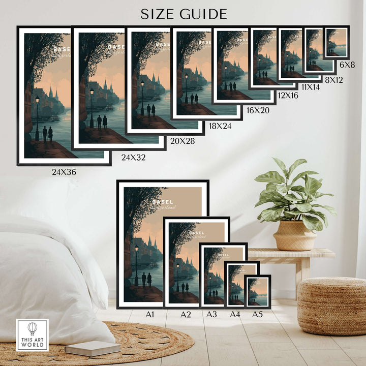 Size guide for Basel Switzerland riverside stroll poster, showcasing multiple sizes in a cozy room setting.
