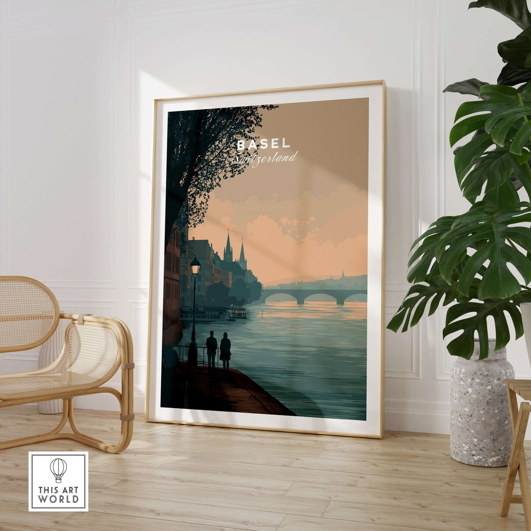 Basel Switzerland riverside stroll poster featuring a romantic cityscape in elegant wall art style.