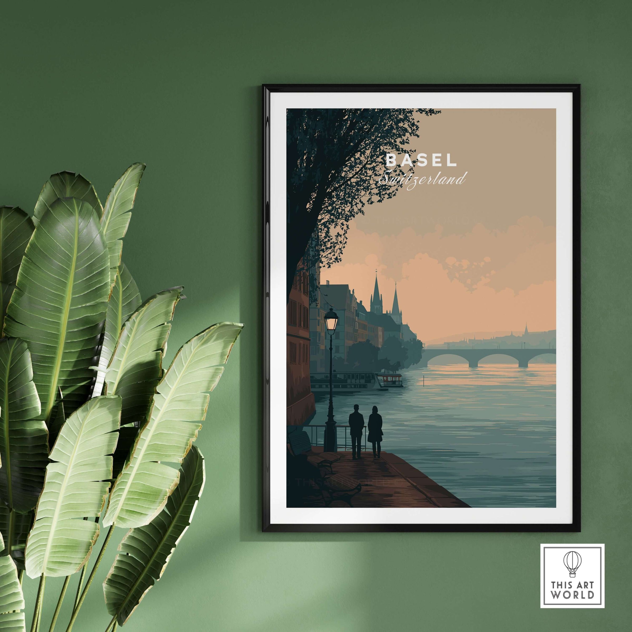 Basel Switzerland Riverside Stroll Poster - Romantic Cityscape Wall Art displayed in a stylish interior with plants.