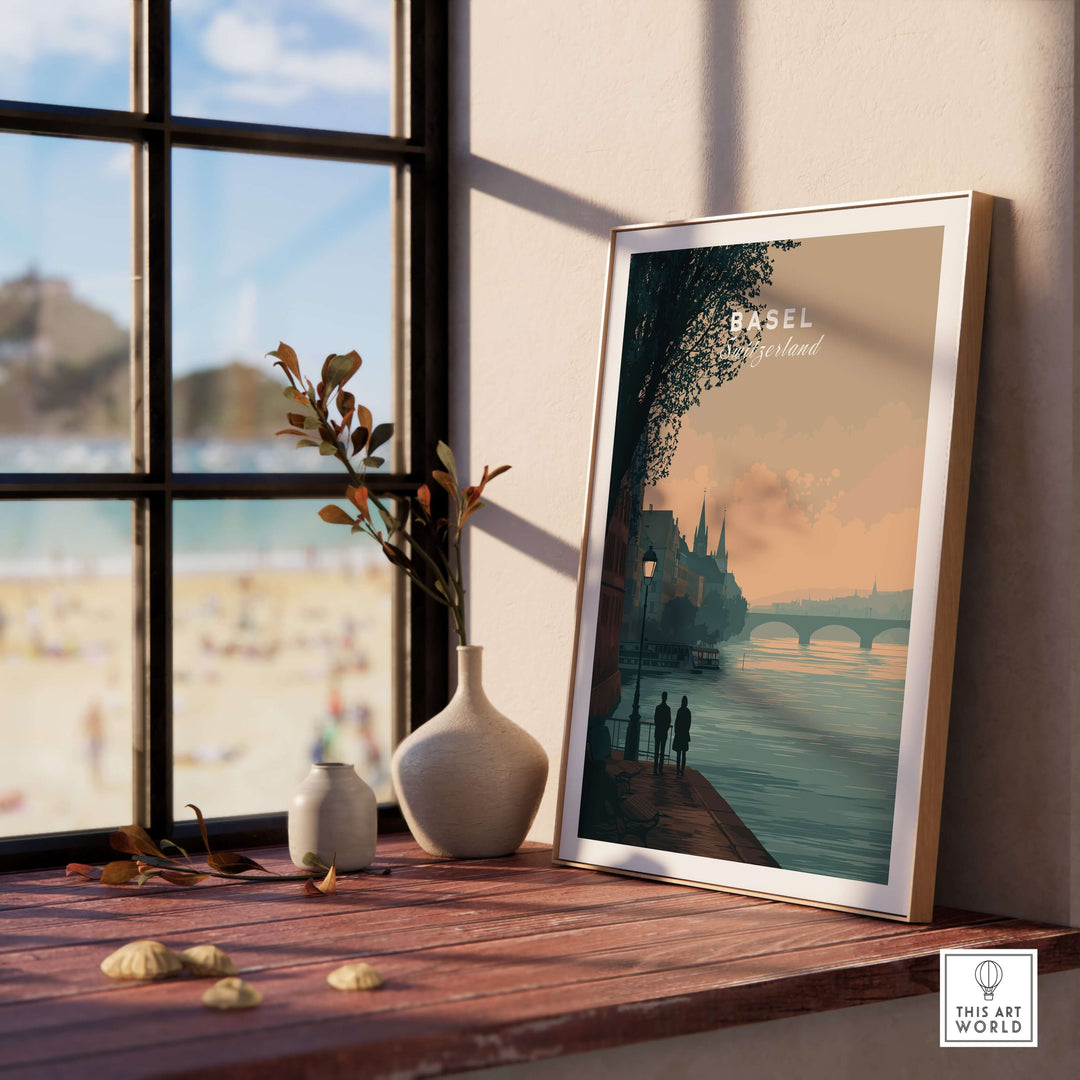Basel Switzerland riverside stroll poster framed on a table by the window, showcasing a romantic cityscape.