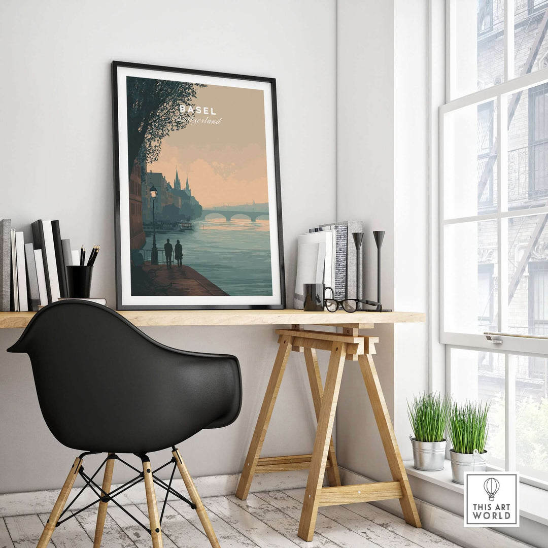 Basel Switzerland Riverside Stroll poster framed in a modern room, enhancing the cityscape decor and inviting warmth.
