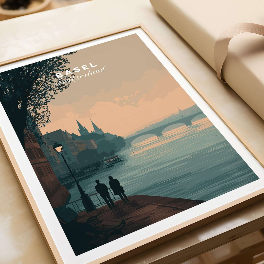 Basel Switzerland riverside stroll poster featuring a romantic cityscape at sunset.