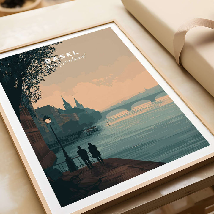 Basel Switzerland riverside stroll poster featuring a romantic cityscape at sunset.