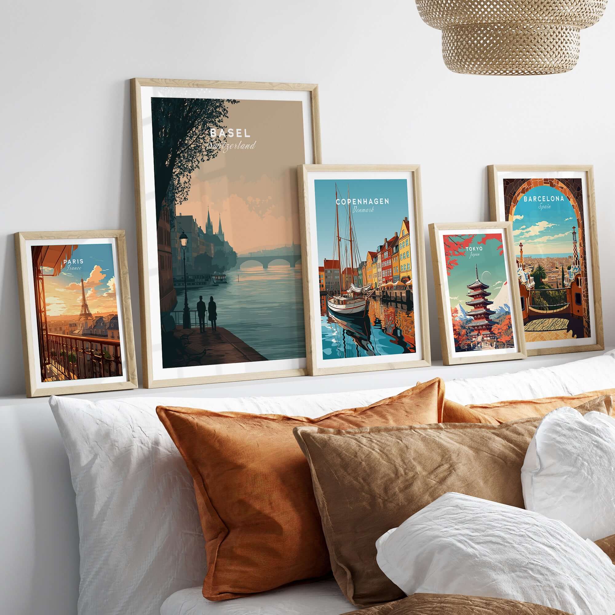 Basel Switzerland Riverside Stroll Poster - Romantic Cityscape Wall Art displayed in a cozy living room with other city posters.