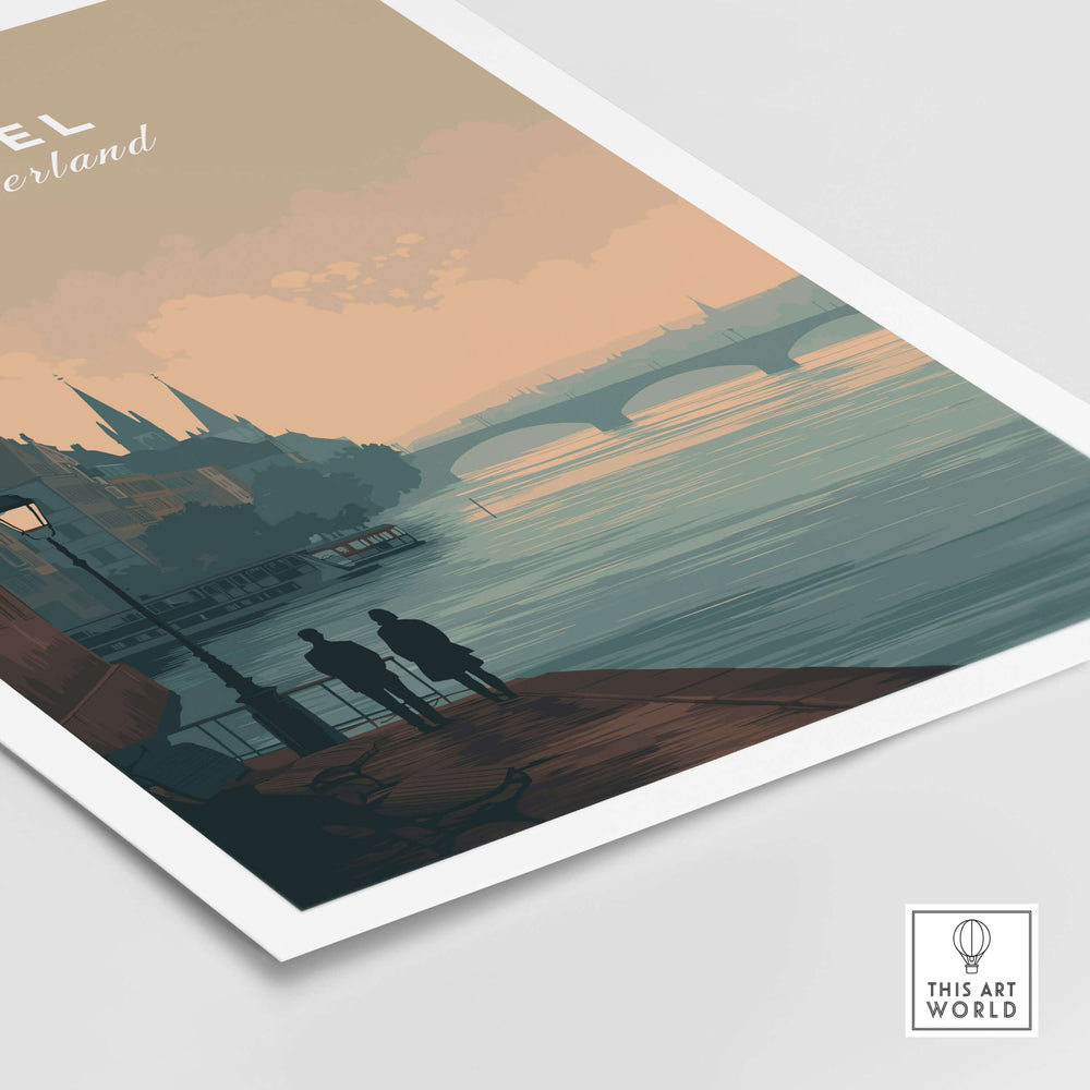 Basel Switzerland riverside stroll poster showcasing a romantic cityscape and serene waterfront view.