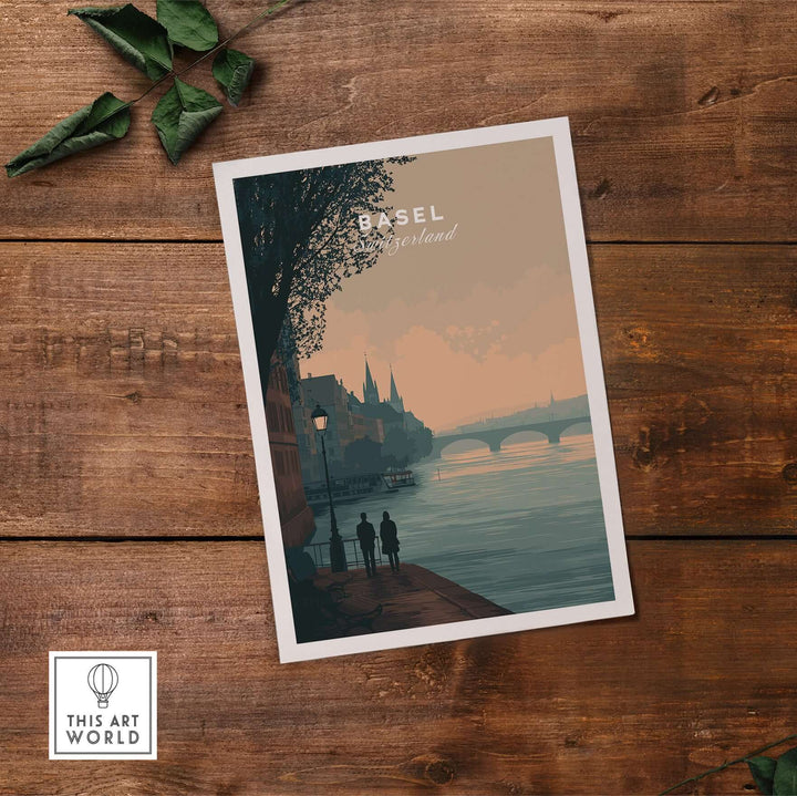 Basel Switzerland riverside stroll poster featuring a romantic cityscape along the Rhine River.