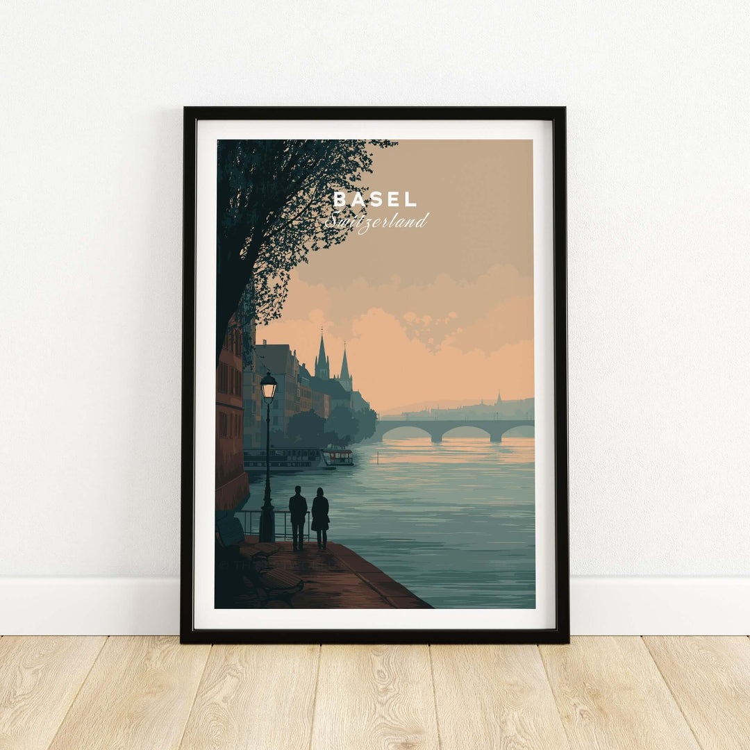 Basel Switzerland riverside stroll poster showcasing a romantic cityscape along the Rhine river.