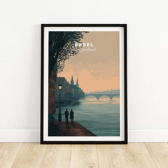 Basel Switzerland Riverside Stroll Poster - Romantic Cityscape Wall Art featuring serene waterfront scene.