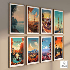 Basel Switzerland Riverside Stroll Poster - Romantic Cityscape Wall Art displayed among various European cityscape posters.