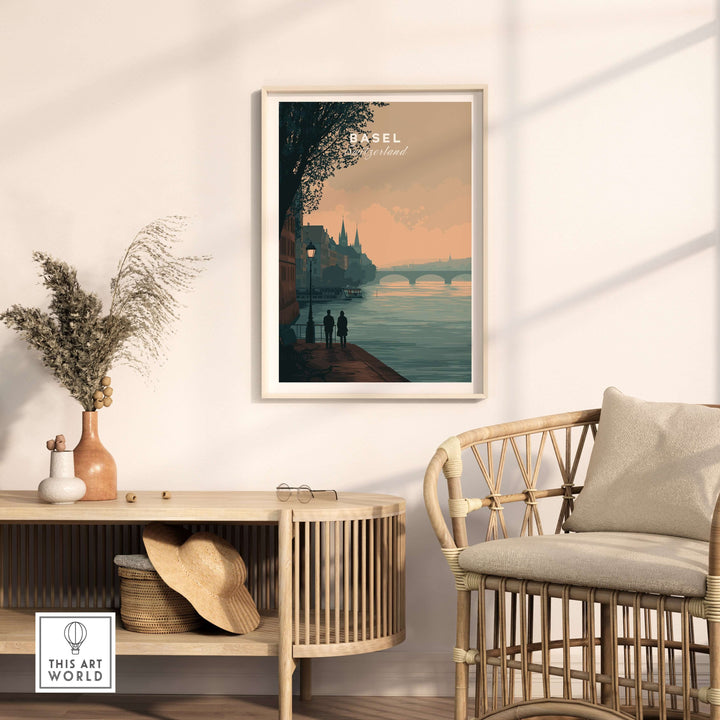 Basel Switzerland riverside stroll poster in elegant interior setting with cozy armchair and decorative elements.
