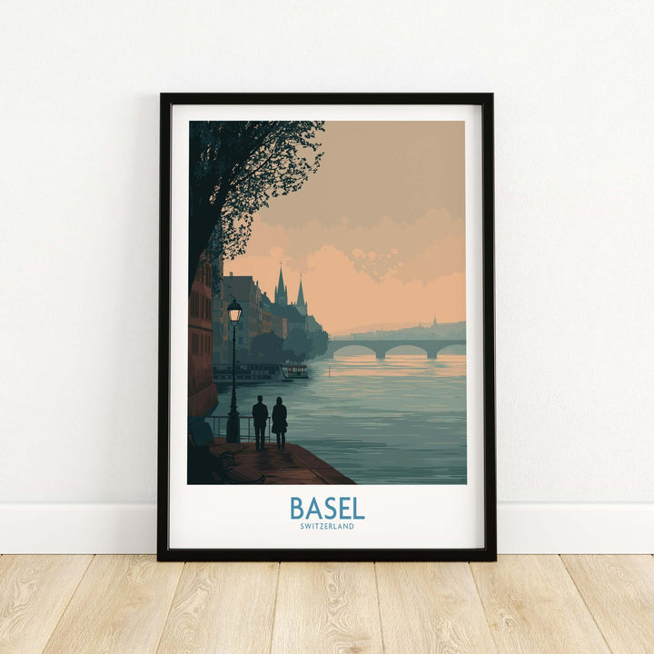 Basel Switzerland print featuring serene river view and silhouettes, elegant travel destination decor.