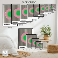 Bauhaus Exhibition Prints - Concentric Circles Poster Pink Green Striped Art size guide showcasing various print dimensions.