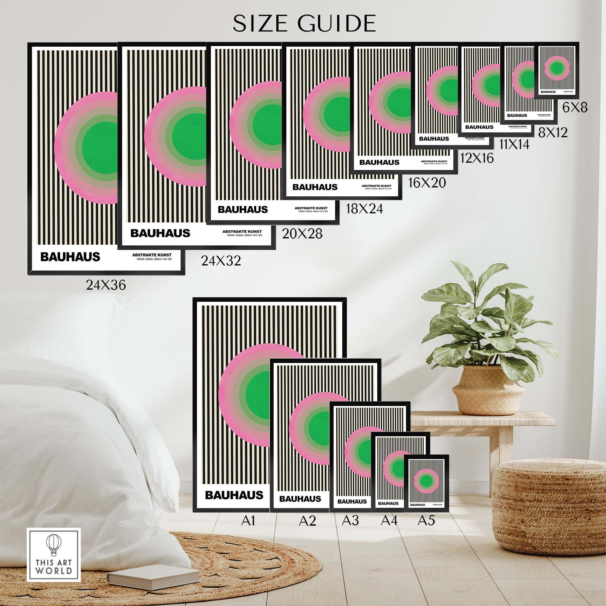 Bauhaus Exhibition Prints - Concentric Circles Poster Pink Green Striped Art size guide showcasing various print dimensions.