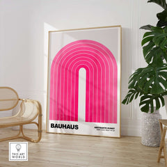 Bauhaus Exhibition Prints - Concentric Pink Arch Poster Minimalist Geometric Art displayed in a modern interior setting.