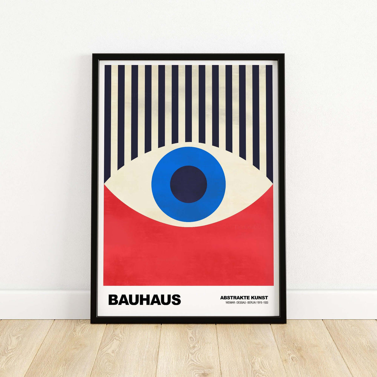 Bauhaus Exhibition Prints - Abstract Eye Art Print Geometric Red Blue Design framed poster featuring bold eye design.
