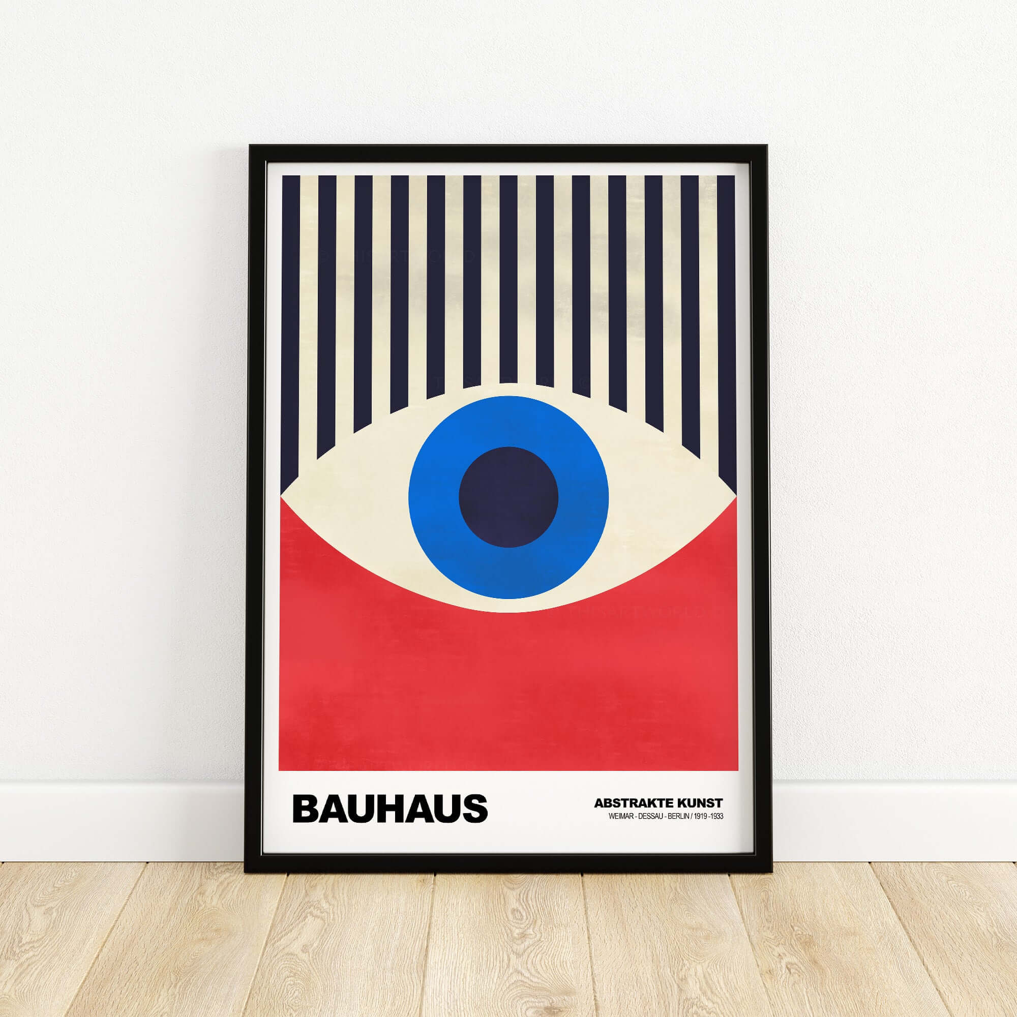 Bauhaus Exhibition Prints - Abstract Eye Art Print Geometric Red Blue Design framed poster featuring bold eye design.
