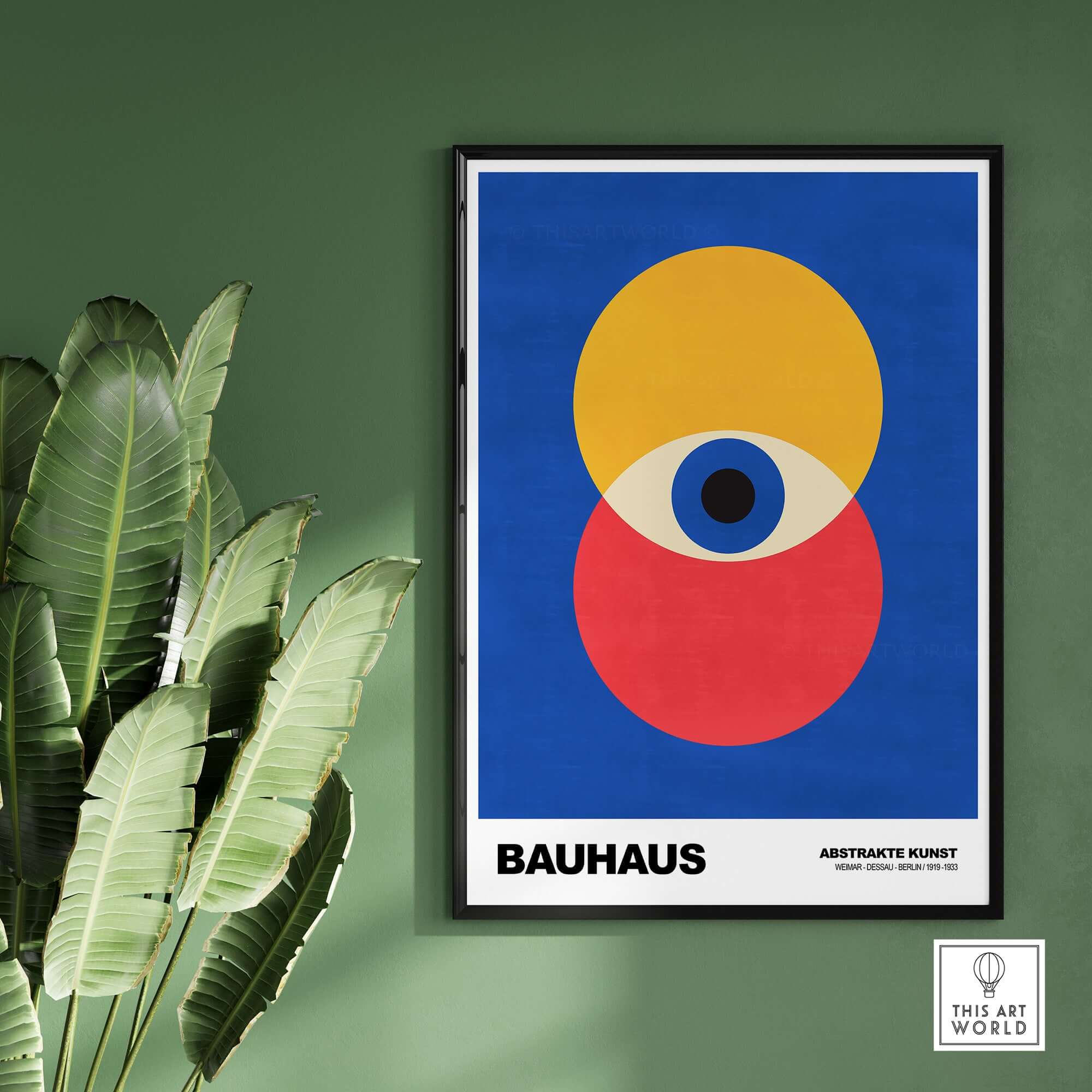 Bauhaus Exhibition Prints - Abstract Eye Circles Poster - Blue Yellow Red Primary Art displayed on a green wall.