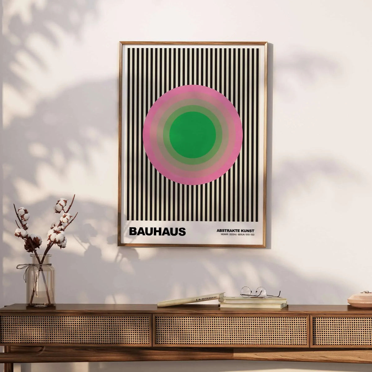 Bauhaus Exhibition Prints - Concentric Circles Poster Pink Green Striped Art displayed in a stylish interior.