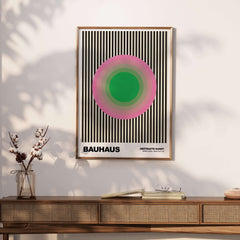 Bauhaus Exhibition Prints - Concentric Circles Poster Pink Green Striped Art displayed in a stylish interior.