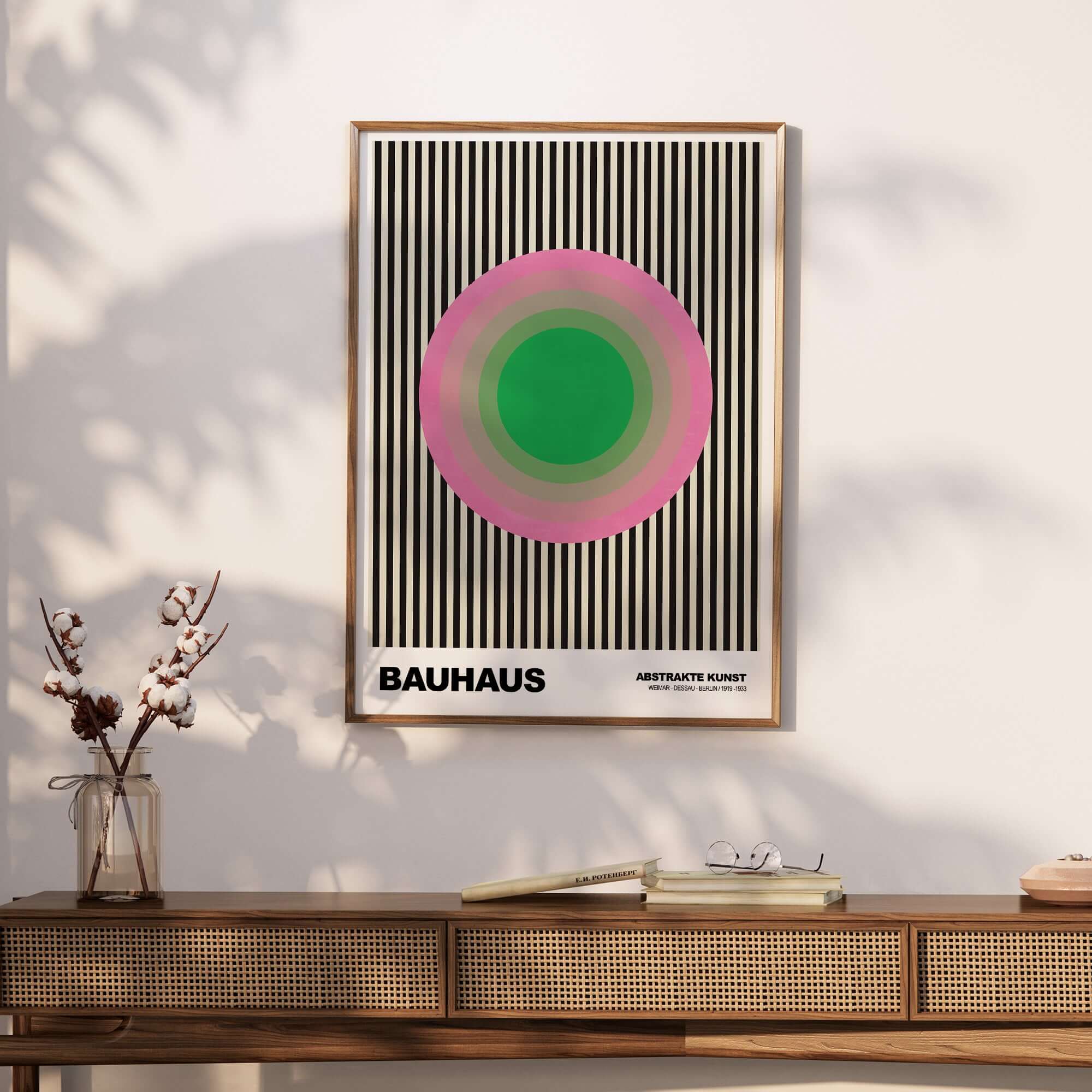 Bauhaus Exhibition Prints - Concentric Circles Poster Pink Green Striped Art displayed in a stylish interior.