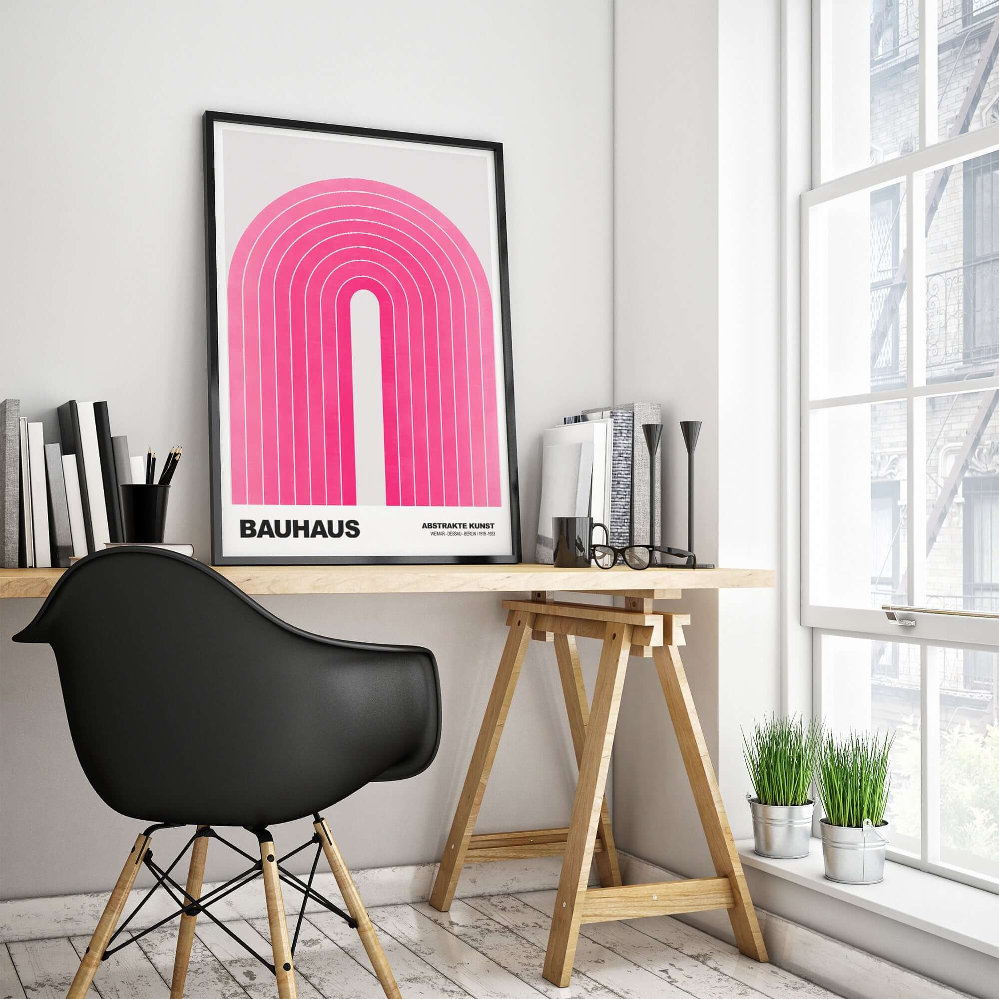 Bauhaus Exhibition Prints - Concentric Pink Arch Poster Minimalist Geometric Art displayed in a modern workspace.