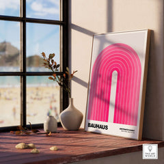 Bauhaus Exhibition Prints - Concentric Pink Arch Poster Minimalist Geometric Art displayed in a modern interior setting.