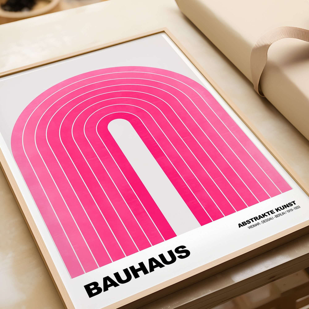 Bauhaus Exhibition Prints - Concentric Pink Arch Poster Minimalist Geometric Art, vibrant pink arch design on a white background.