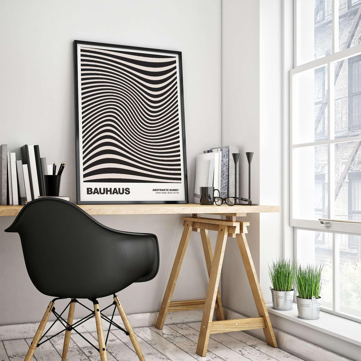 Bauhaus Exhibition Prints -  Optical Wave Lines Art Print Black Cream Abstract displayed in a stylish modern workspace.